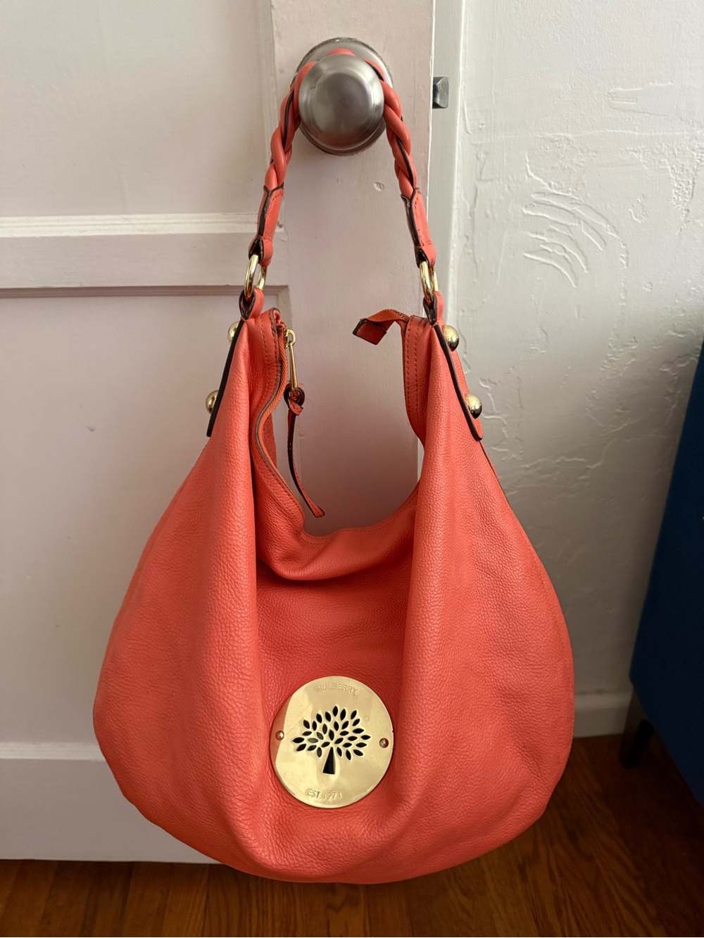Mulberry Coral-Orange Hobo Bag with Gold Tree Medallion